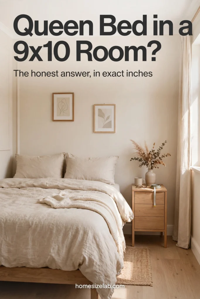 Queen bed pushed against the wall of a small 9x10 bedroom with a slim nightstand and tape measure