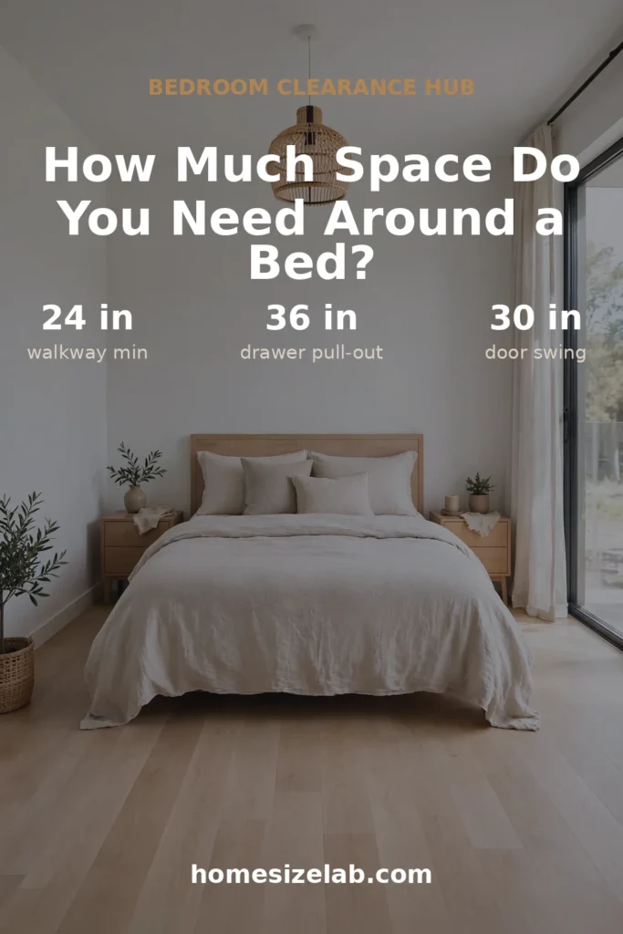 Bright bedroom with a bed centered on the back wall and clear walking space on both sides and at the foot