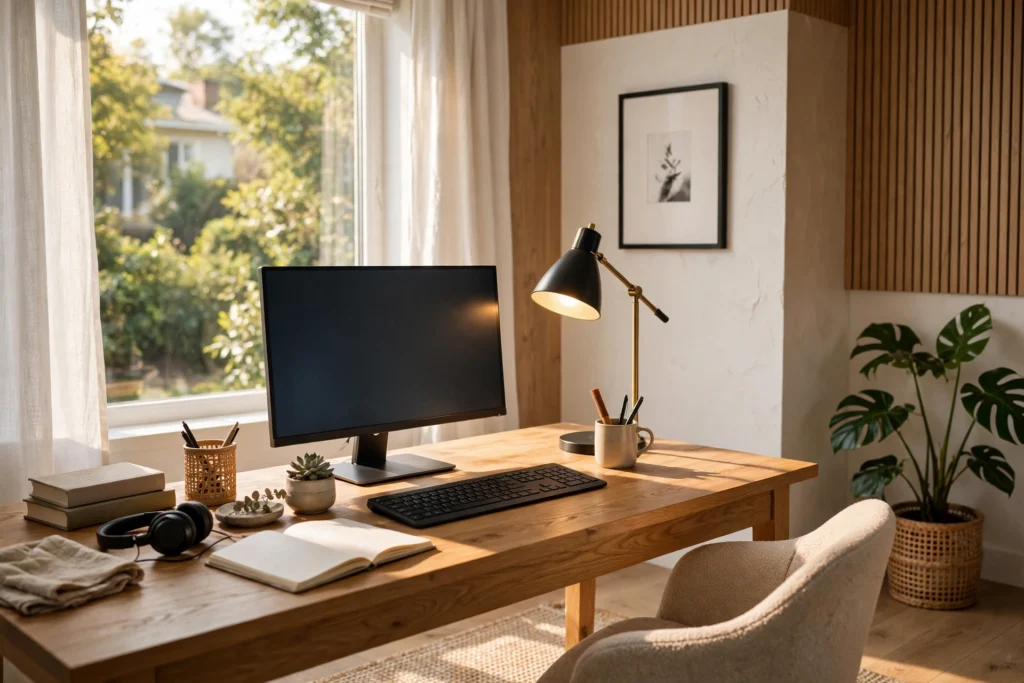 Desk with monitor and office chair showing standard desk dimensions