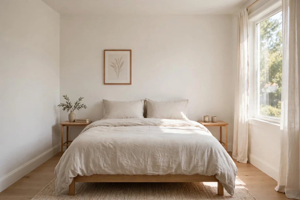 Can a Queen Bed Fit in a 10×10 Room? Queen bed centered in a small bright 10x10 bedroom with slim nightstands